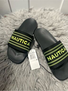 Nautica Black Slides with Neon Green Logo
